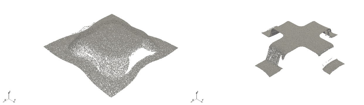 3D laser scan point clouds of one experiment after OP10 (deep drawing) and OP20 (cutting), colored by their deviation from the matching DDACS simulation